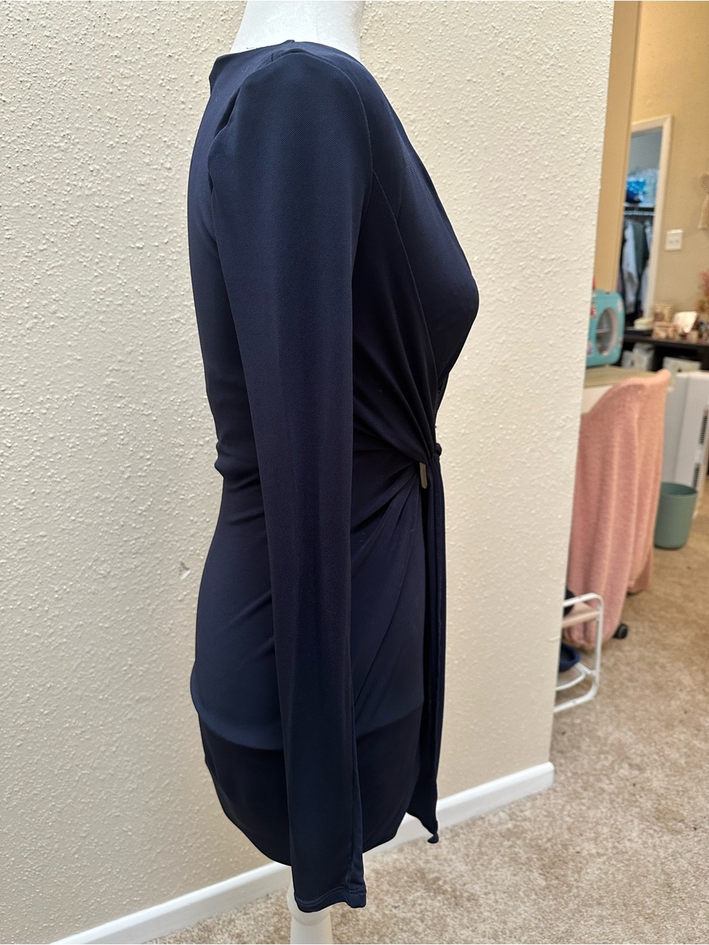 Halston Heritage Ruched V-Neck Wrap Bodycon Mini Dress Asymmetric Stretch Sz 0 - Picture 4 of 11